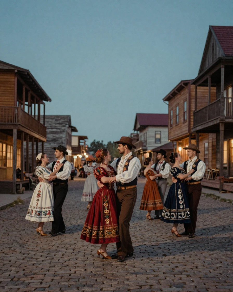 Dancers in ornate traditional costume performing in a village square, in cool blue twilight, as heat shimmers over the ground, as summer fades into fall, dominated by warm amber and rust tones, framed symmetrically down a long corridor.