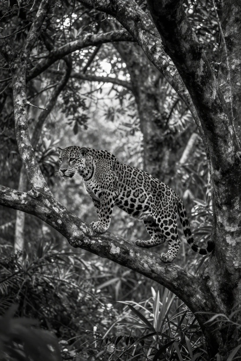 A jaguar climbs a tree branch overlooking the jungle floor beneath a canopy of ancient trees.