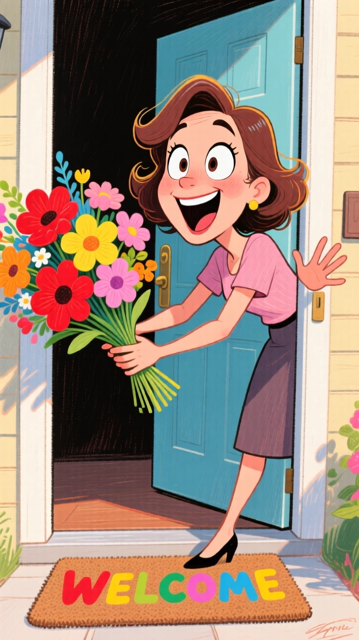A woman receiving flowers at her front door with a surprised, delighted expression.