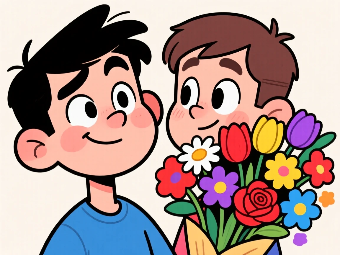 A charming portrait of a mischievous twin, raising one eyebrow with a knowing smirk, with a colorful bouquet of flowers nearby.