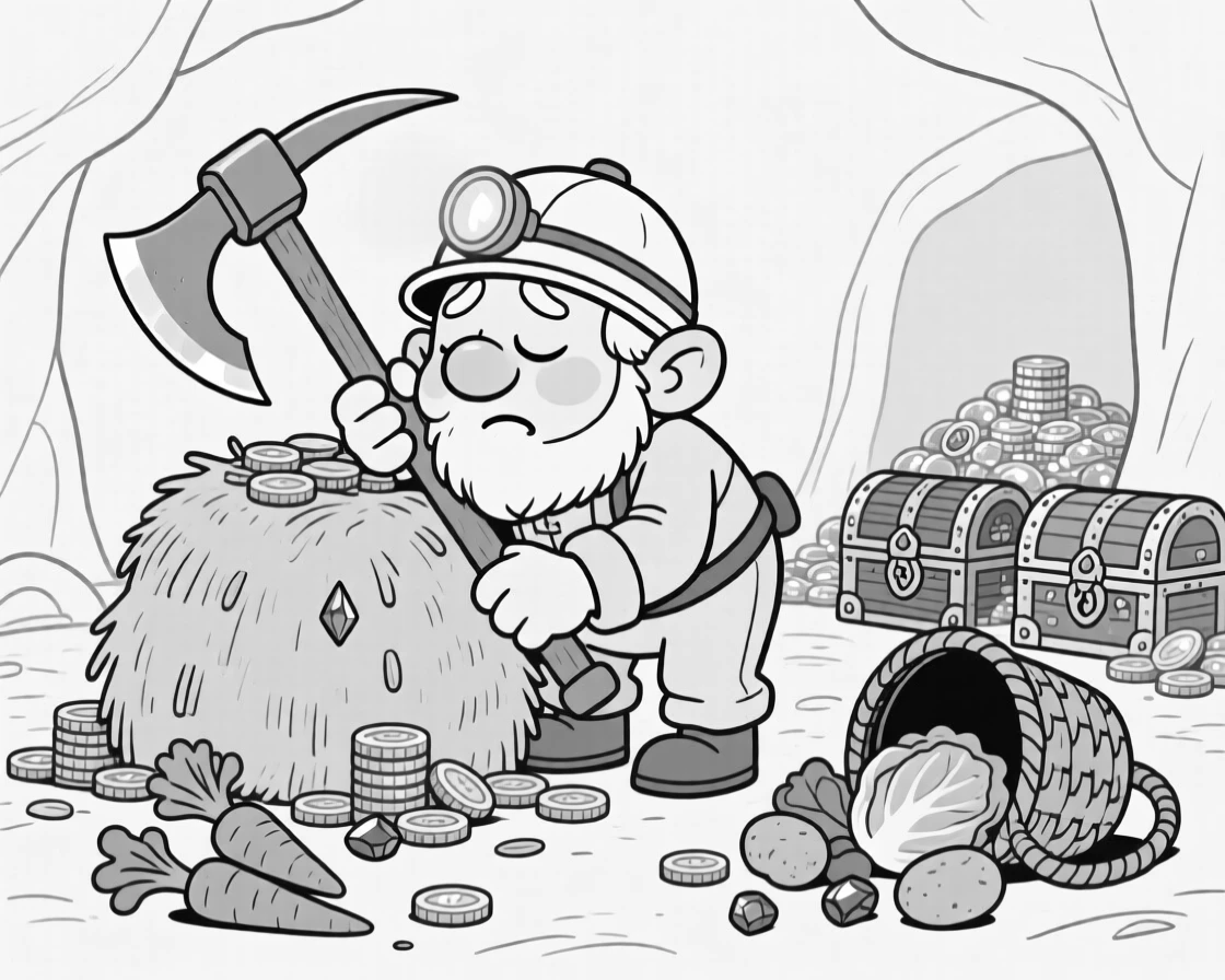 A sleepy dwarf miner leaning on an oversized pickaxe, wincing as it accidentally flattens a haystack, set in a cozy cave lined with glittering treasure. A basket lies overturned, vegetables scattered everywhere. The scene turns epic fantasy into pure charming comedy.