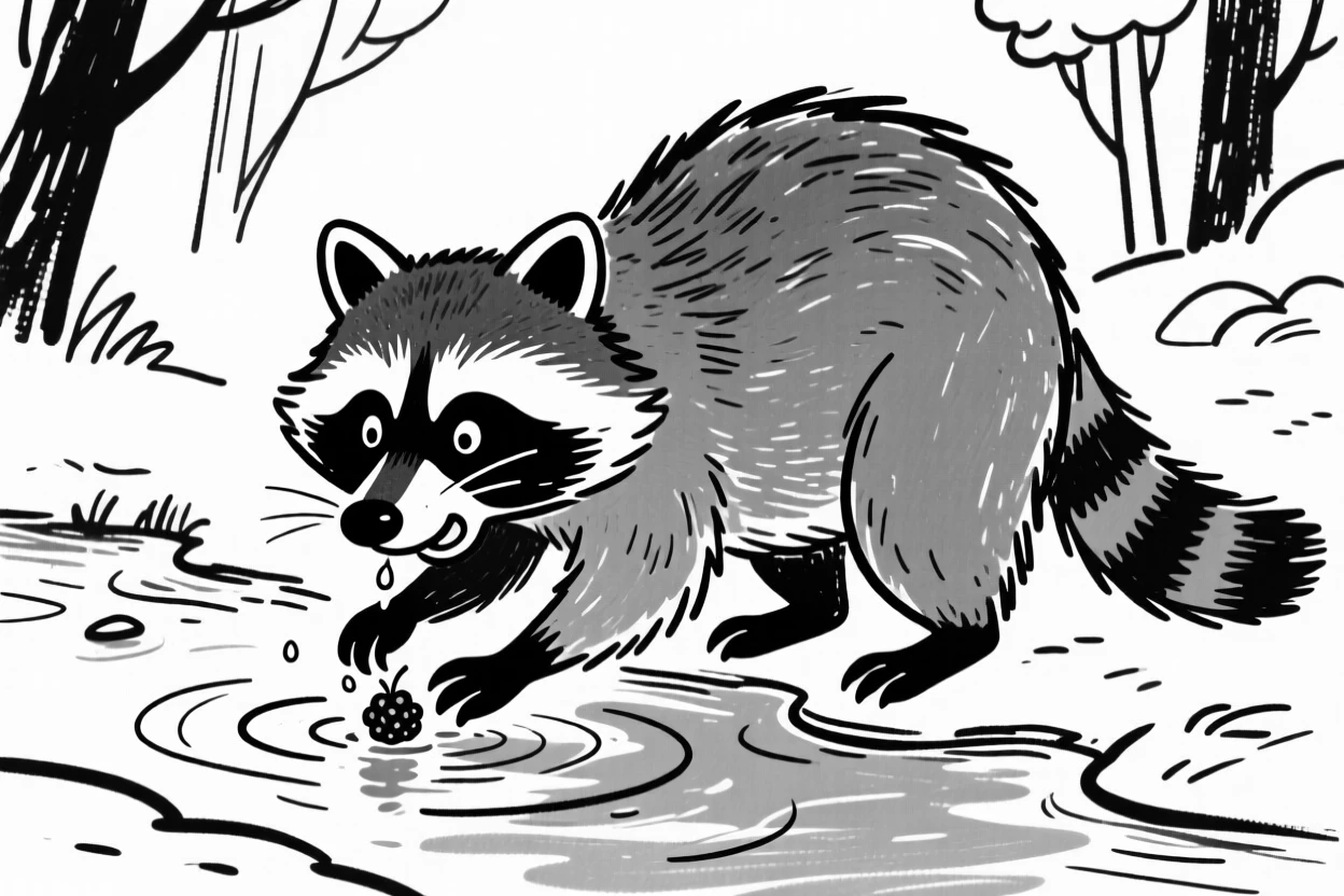 A raccoon washing a small berry in a shallow forest stream.
