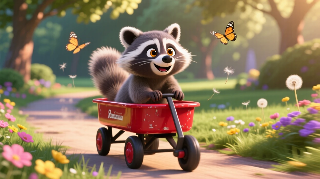 A curious raccoon kit is riding in a small red wagon, wagging its tail happily. A quiet, comforting sweetness surrounds the scene, with soft shadows framing the scene.