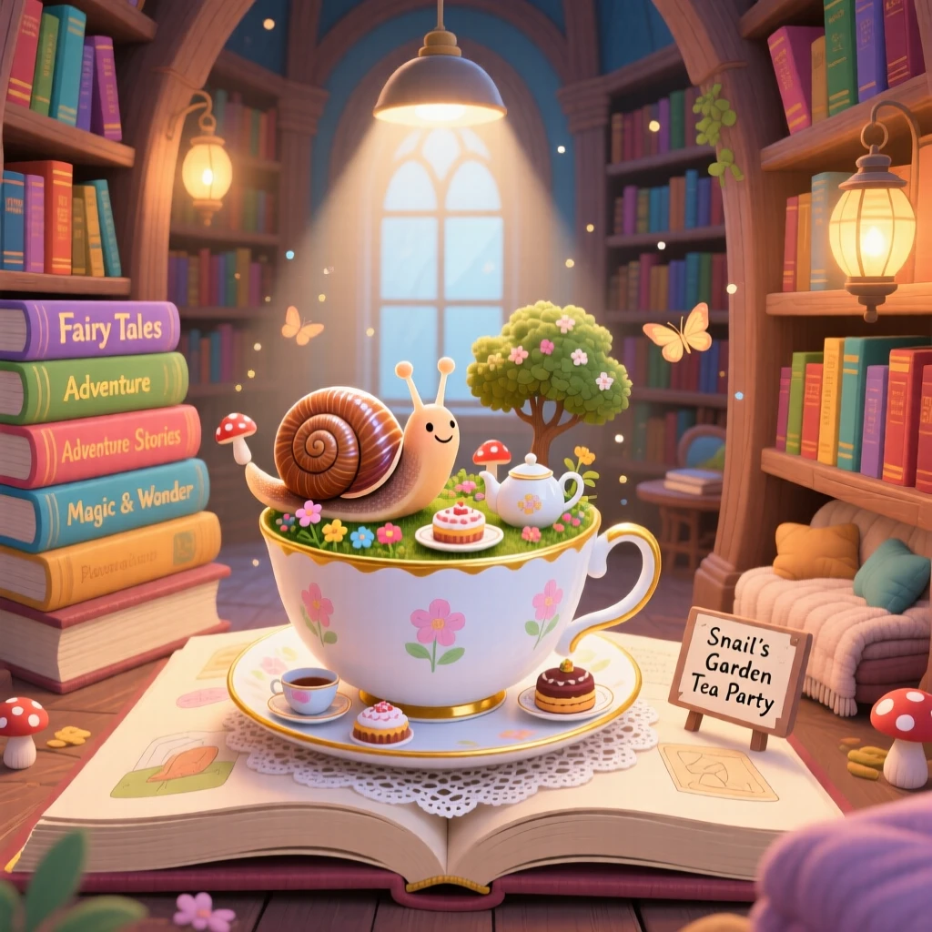 In a library built inside an enormous book, a snail carrying its own garden spends the day hosting a tea party at the bottom of a teacup, with everything wrapped in a cozy, storybook charm.