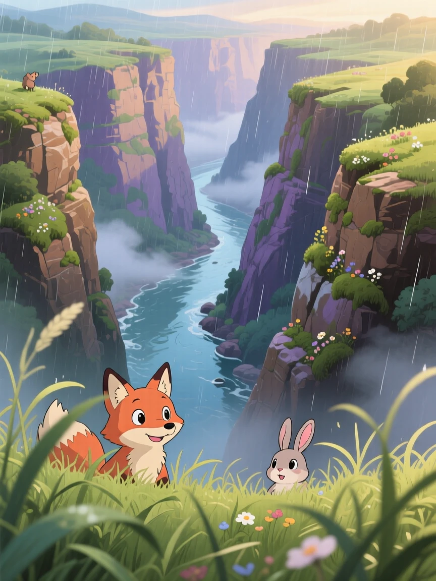 A breathtaking view of a canyon carved by a winding river, with wisps of morning mist clinging to the low ground, just after a rain shower, seen through a gentle foreground of grass.