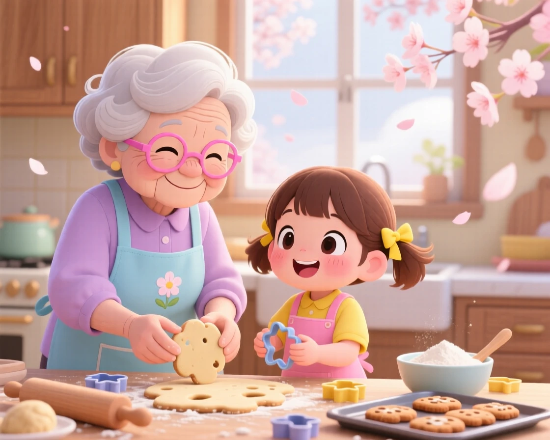 A grandmother and child baking cookies together, framed as a close-up portrait within a warmly lit kitchen, as cherry blossom petals drift on the breeze, glowing under diffused overcast light, evoking warm affection.