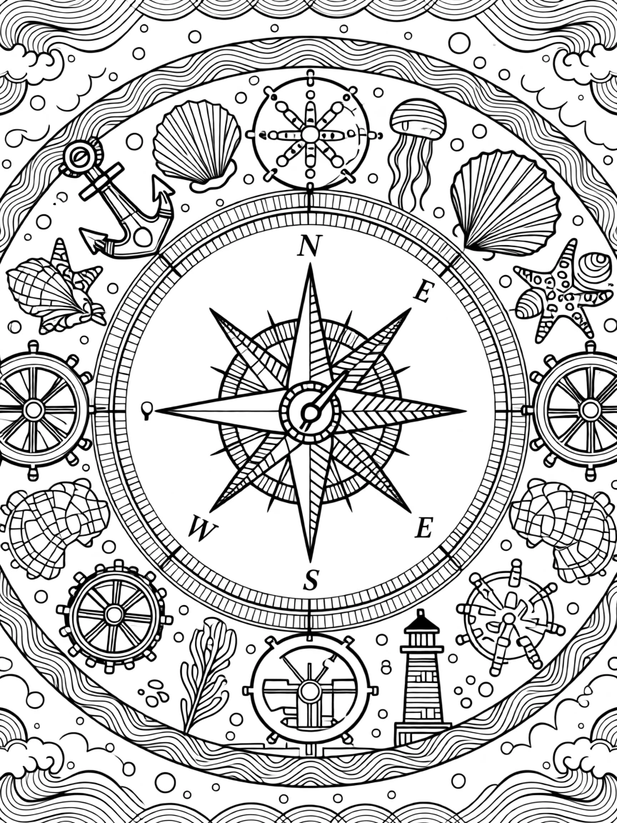 A mandala built around a compass rose with nautical motifs.