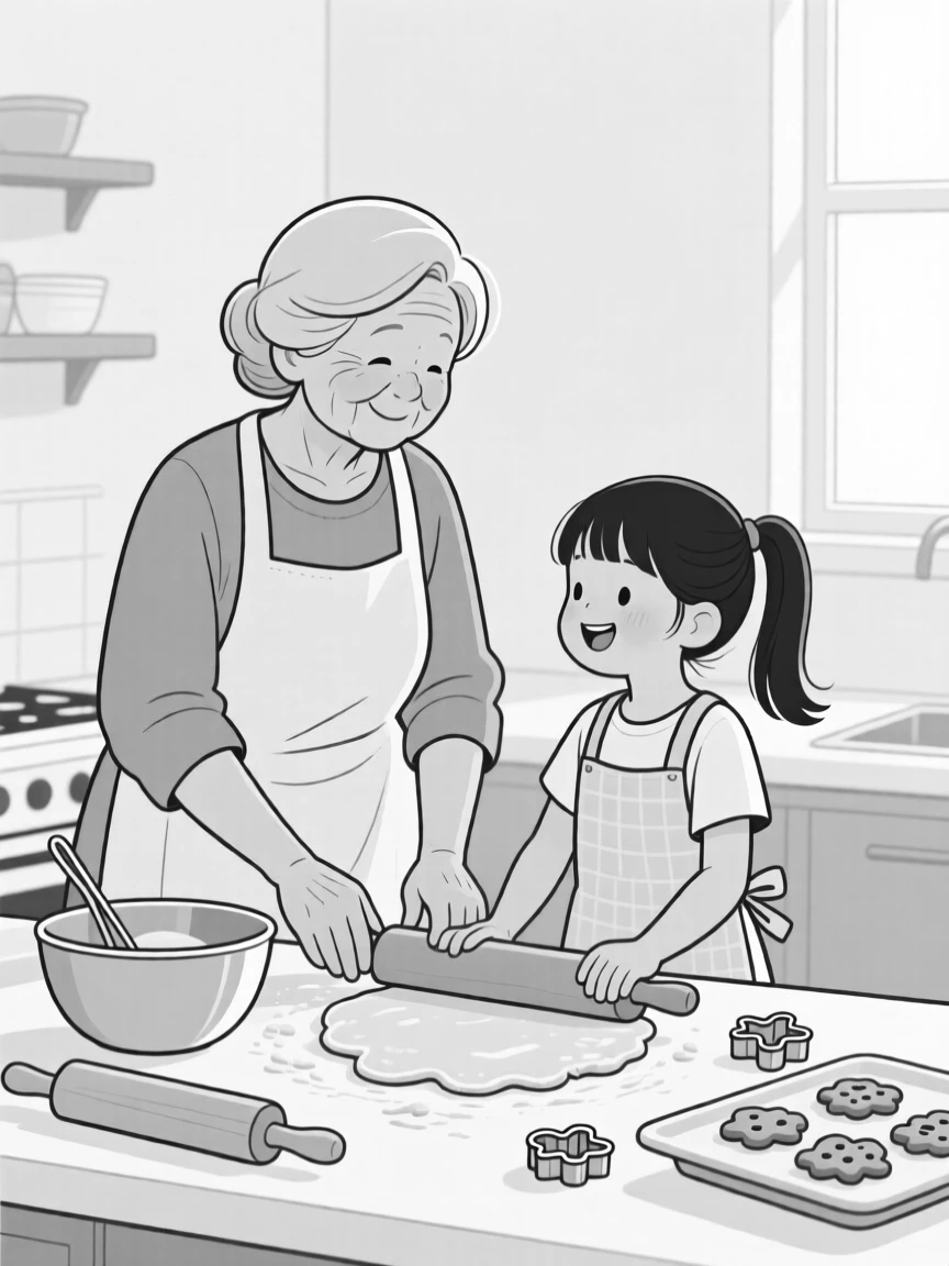 A grandmother and granddaughter baking cookies together