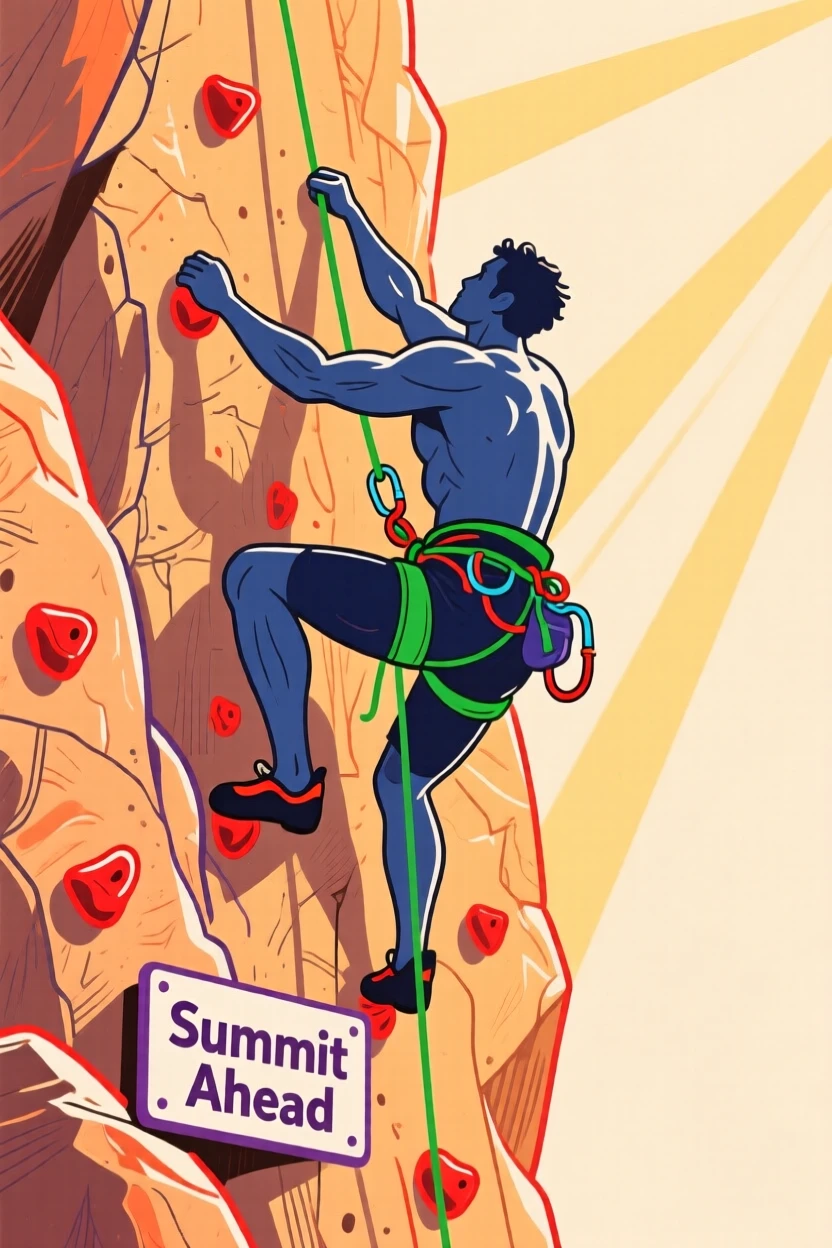A rock climber scaling a sunlit cliff face.