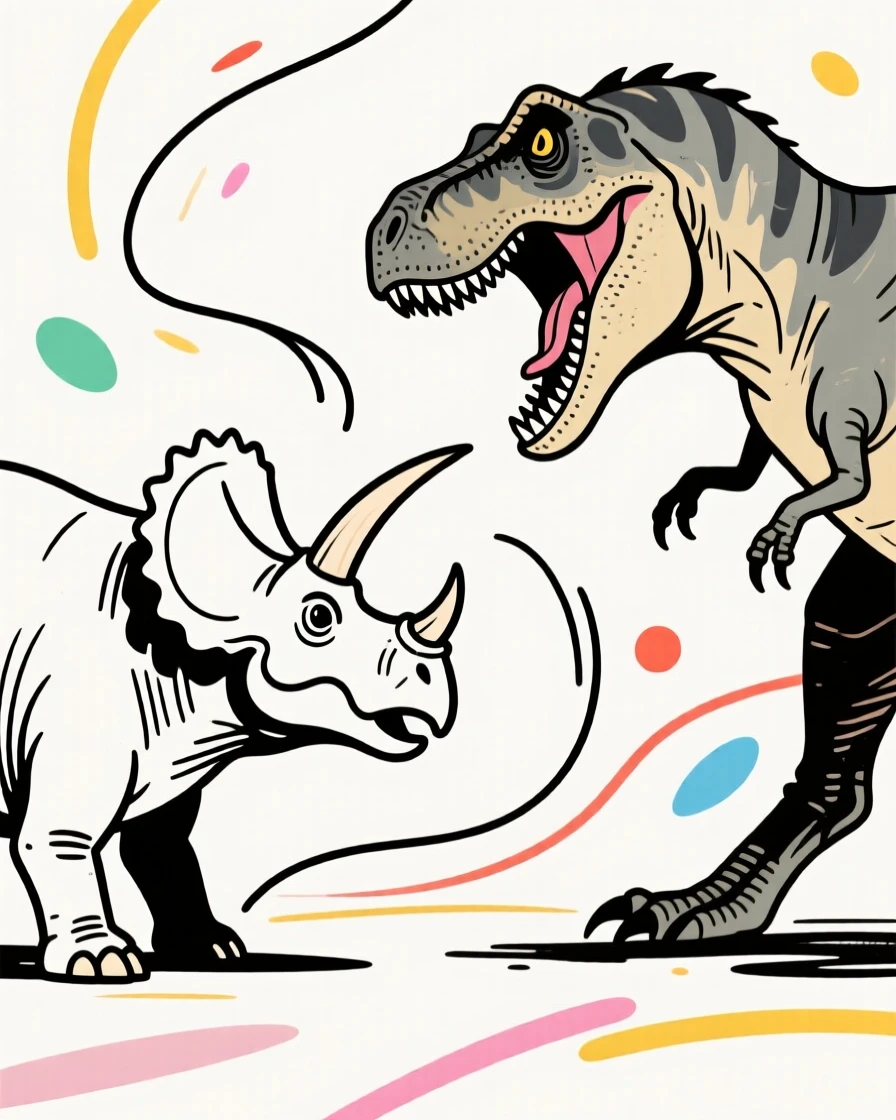 A Triceratops standing its ground against an approaching predator.