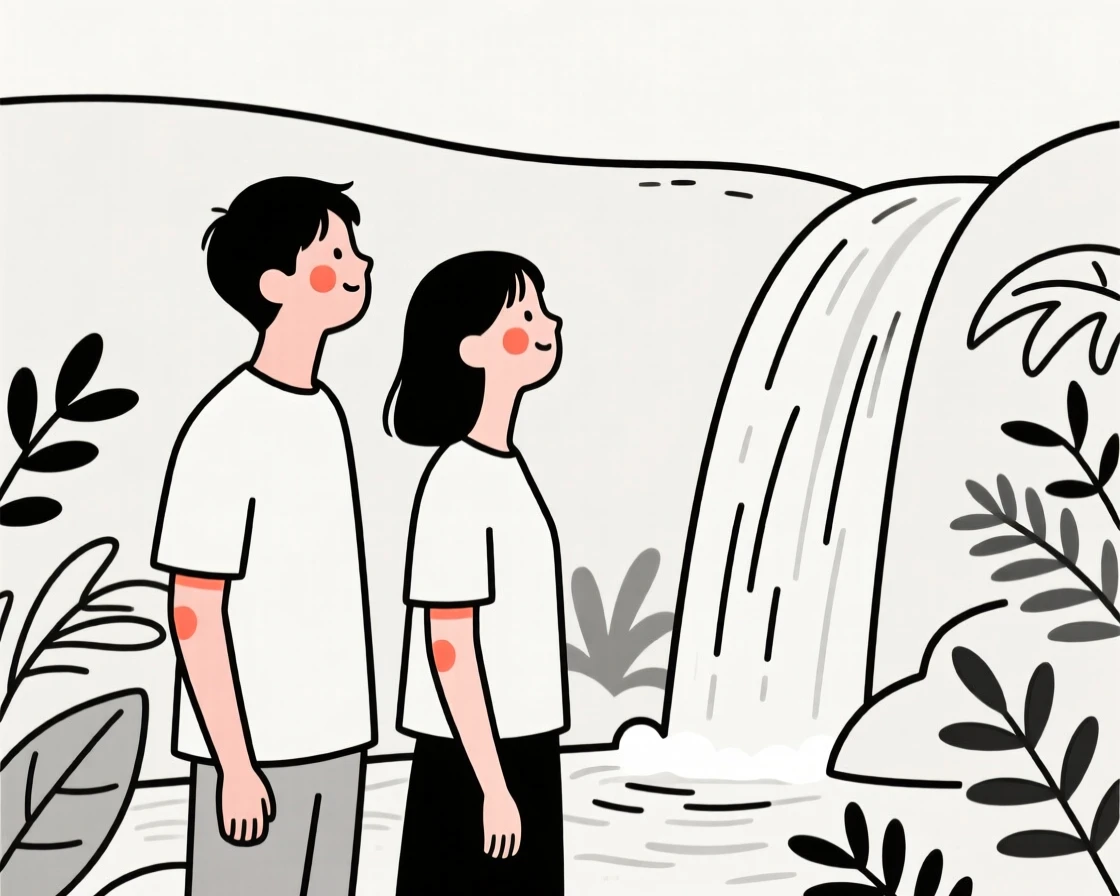 A young couple, looking hopeful toward the horizon, by a waterfall in the jungle.