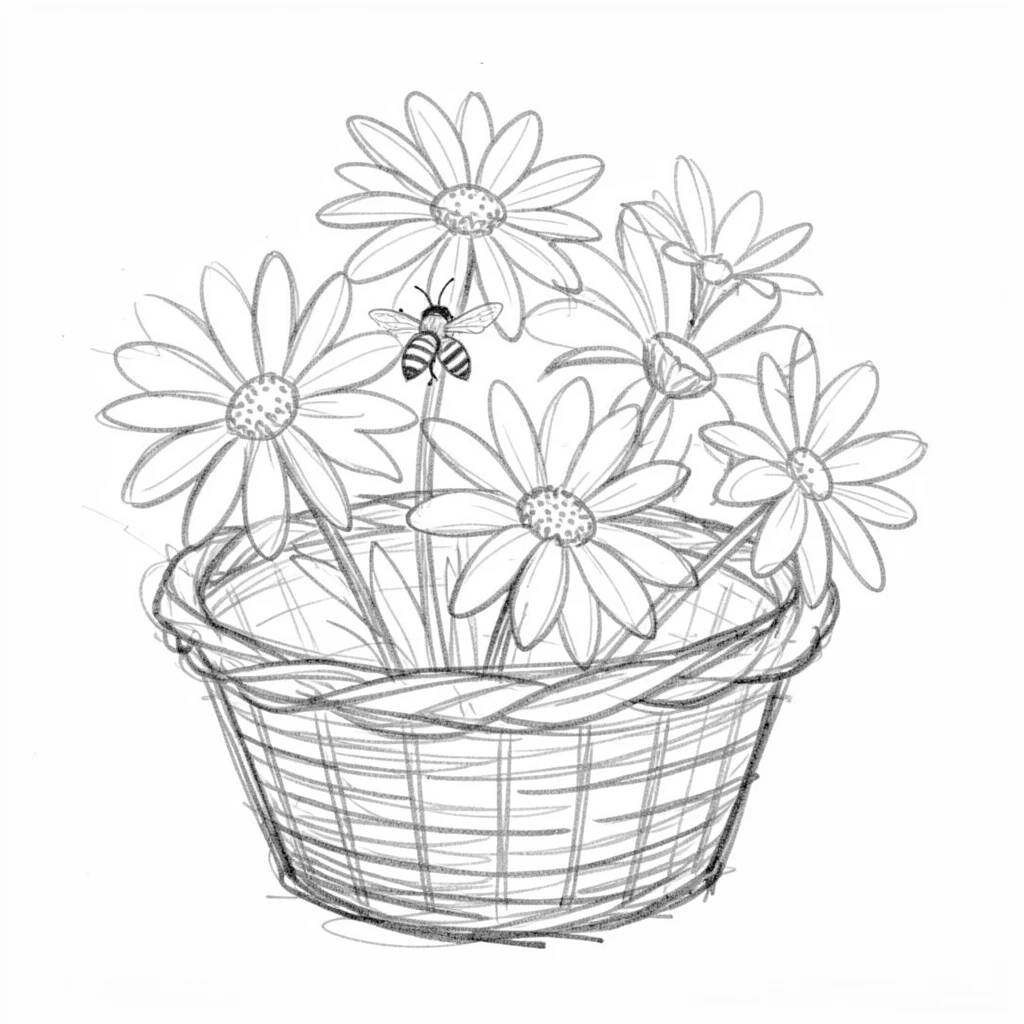 A cluster of daisies in a woven wicker basket, with a bee gently landing on one bloom.