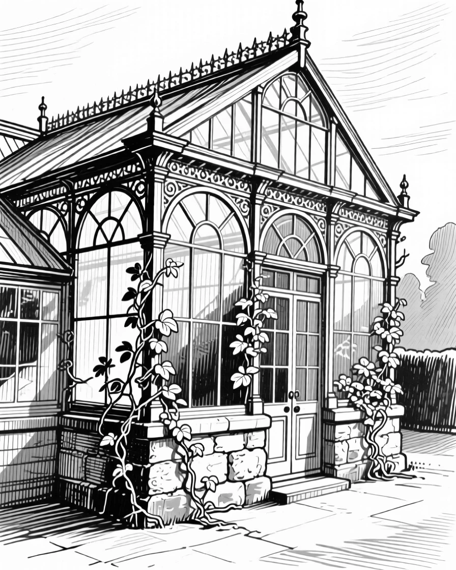 A victorian greenhouse conservatory on a quiet early morning, featuring climbing vines softening the stonework, rendered in a quietly charming architectural composition.