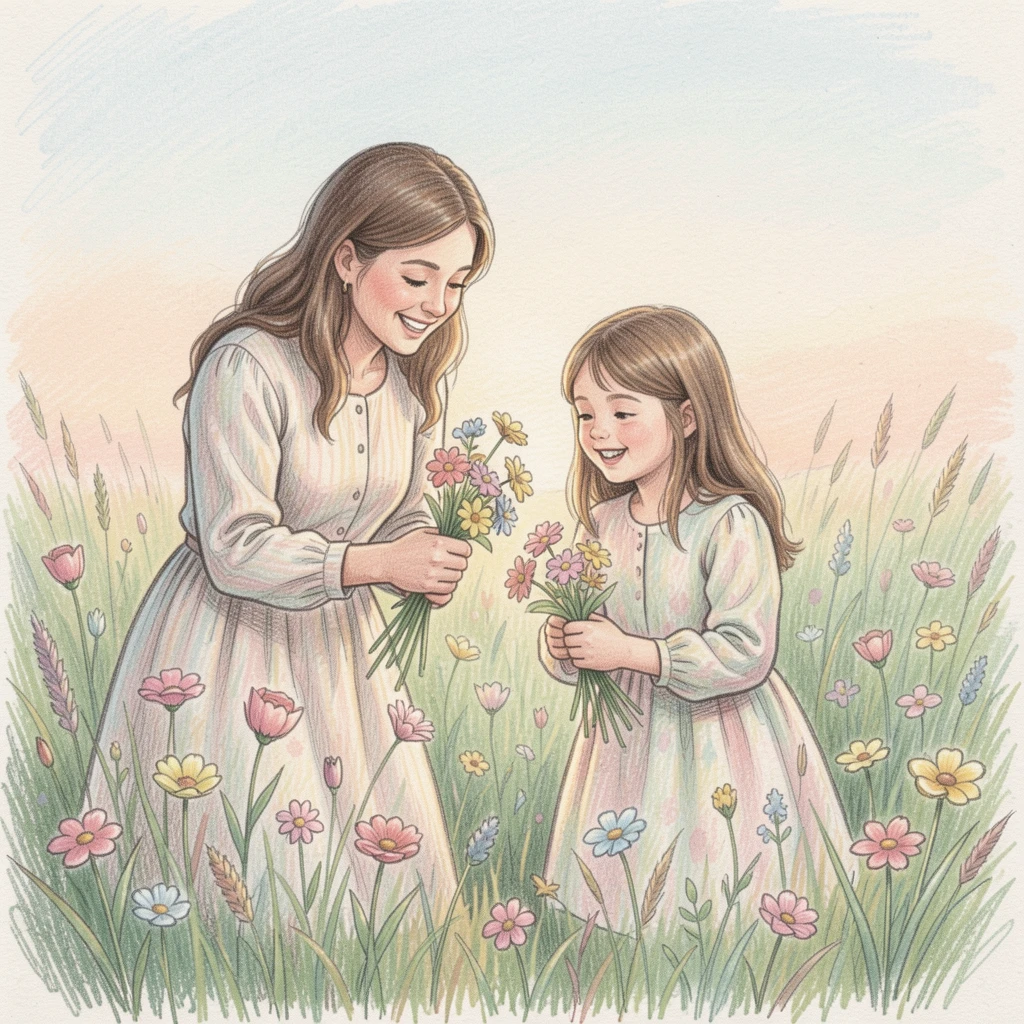 A mother and daughter picking flowers together in a meadow, set in a soft, nostalgic, storybook-like atmosphere, celebrating the simple magic of everyday family moments.