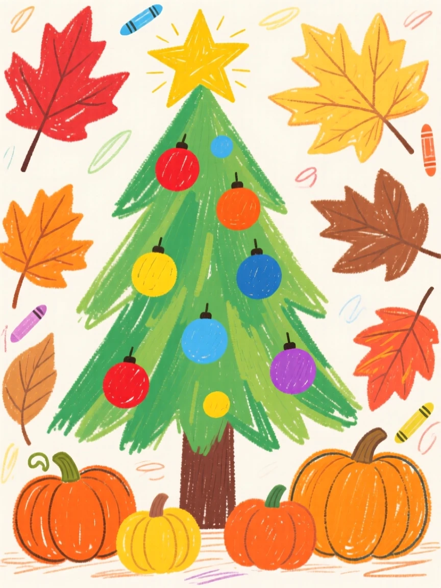 A decorated Christmas tree framed by autumn leaves and pumpkins.