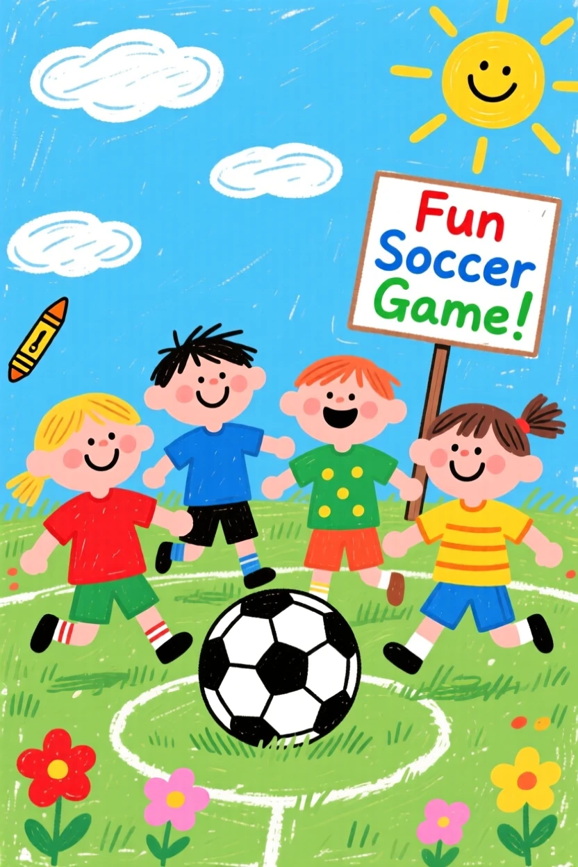 Children playing soccer together on a grassy field.