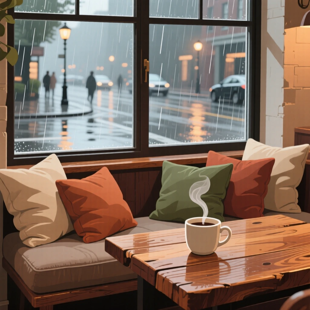 A cozy window seat with cushions overlooking a rainy street, placed on a rustic wooden table with warm tones, arranged with soft curves and gentle organic lines, with subtle steam rising to add a warm, lived-in feel.