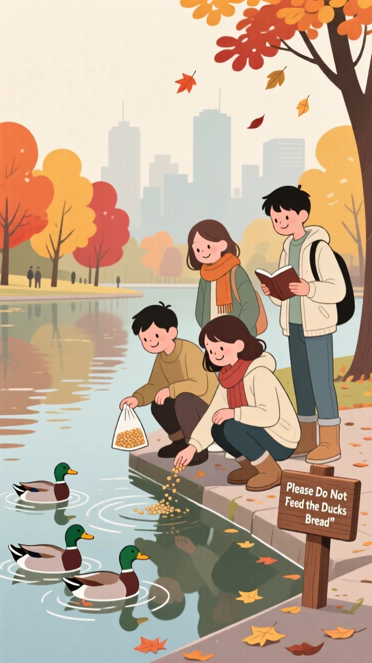 A group of students feeding ducks at a pond on a quiet autumn day in the city.