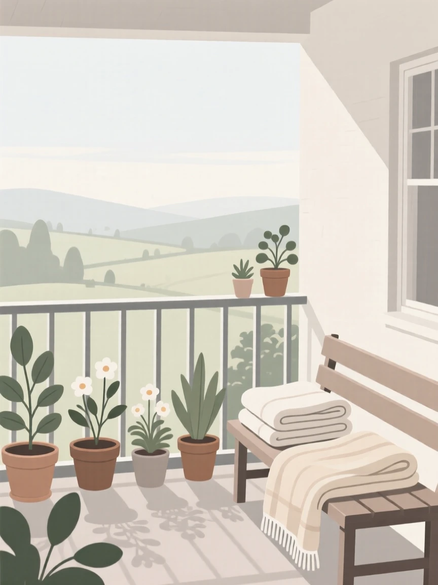 A morning scene of balcony garden resting in a countryside cottage beside soft folded blankets, radiating restful ease.
