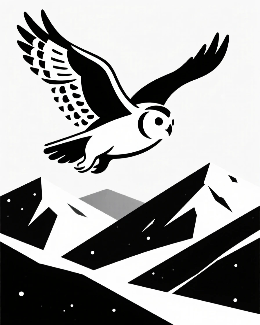 A snowy owl soaring above a mountain valley.