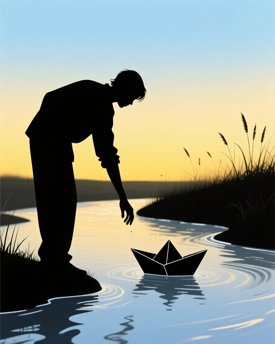 A person releasing a paper boat into a slow-moving stream.