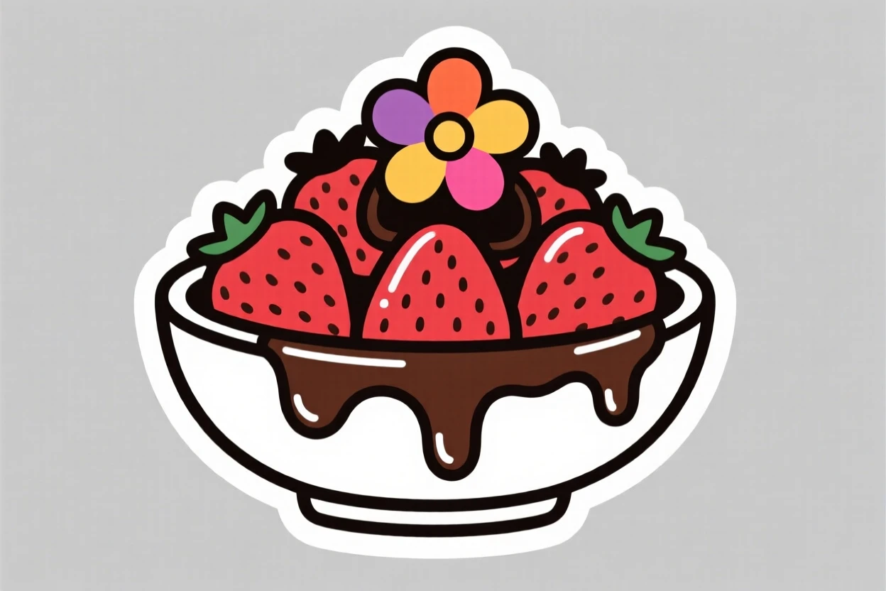 A perfectly plated bowl of fresh strawberries dipped in chocolate, topped with a single edible flower, at an outdoor market stall.