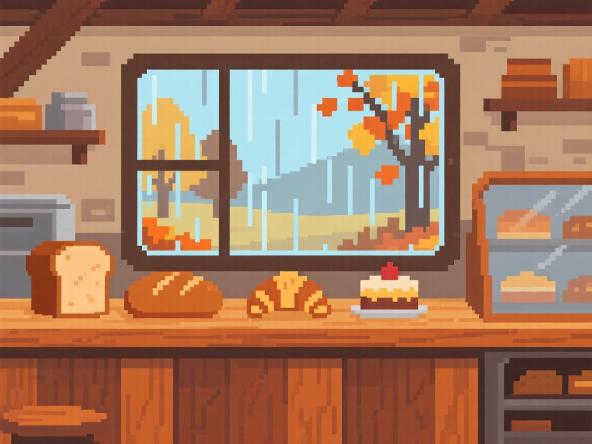 A bakery counter with rain gently streaking the window beside it, in a countryside cottage during autumn.