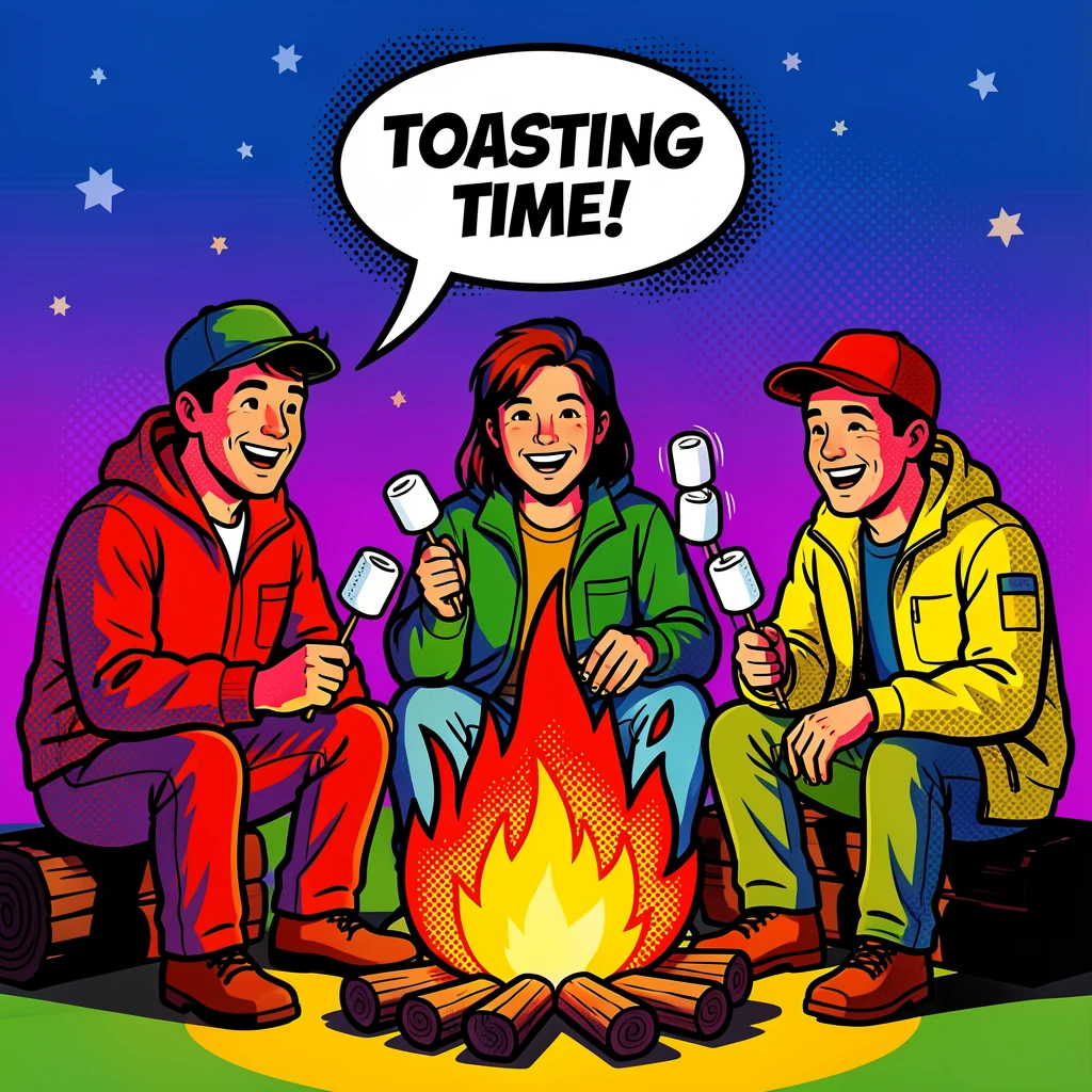 Campers roasting marshmallows over a crackling campfire