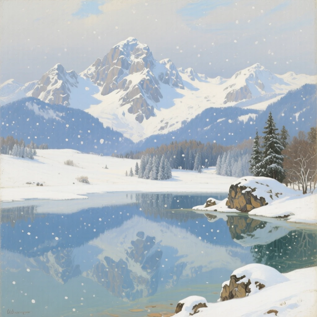 A broad landscape view of a snow-capped mountain range reflected in a still alpine lake, in the Balkans, under a fresh blanket of winter snow, in gentle falling snow.