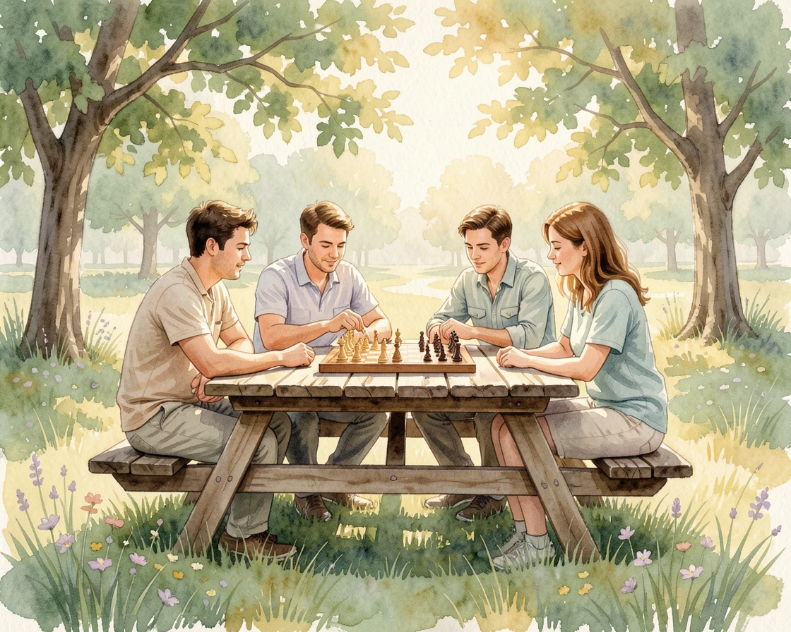 A group of friends playing chess in the park surrounded by natural light.