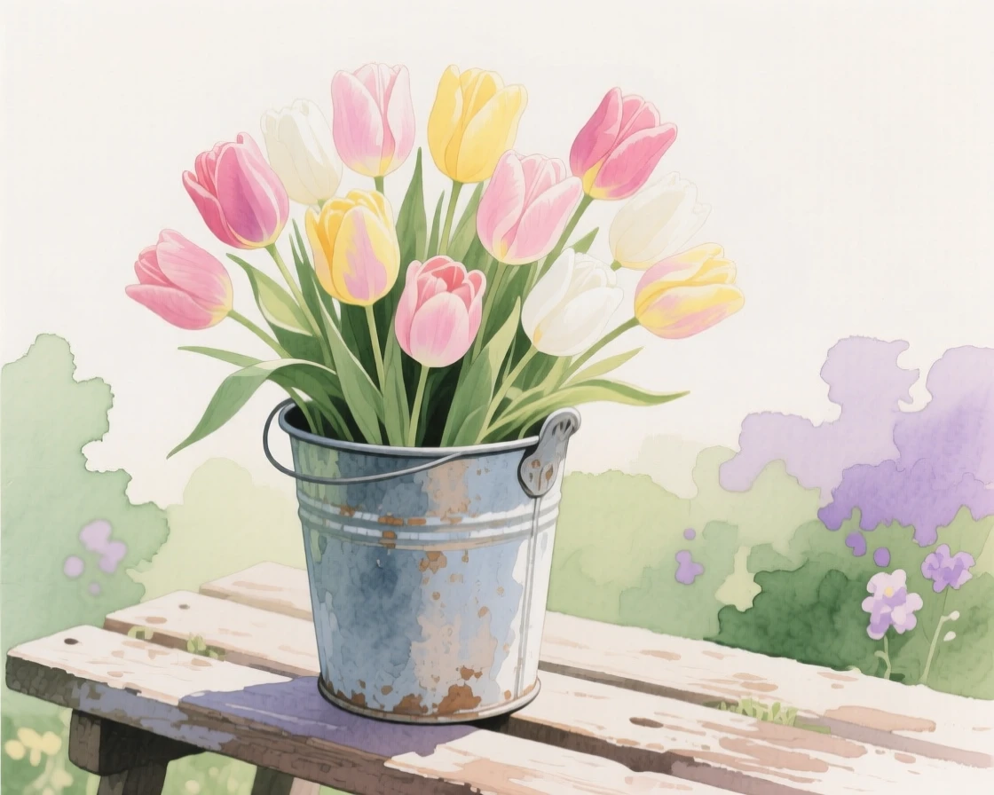 A bouquet of tulips in soft, layered tones fills a rustic tin bucket on a garden bench in bloom, petals catching the gentle light