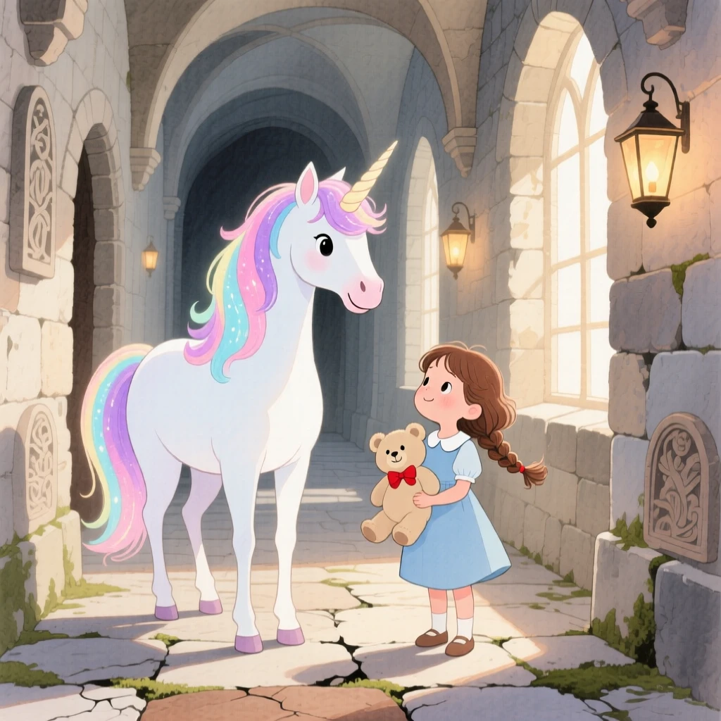 A gentle unicorn with a shimmering mane guiding a girl clutching a stuffed bear through an ancient stone castle.
