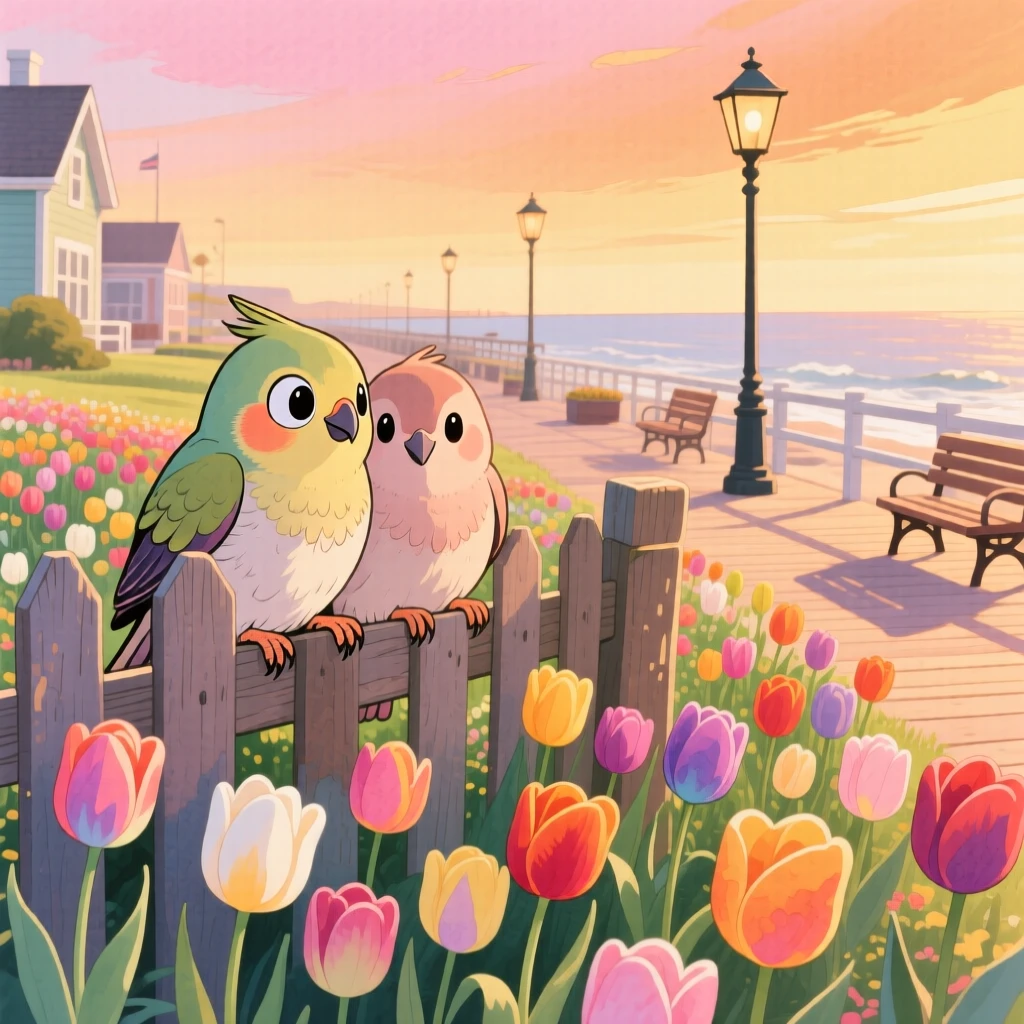 A pair of lovebirds peeking through a fence at a garden full of tulips, set in a seaside boardwalk at golden hour, brimming with cozy comfort.