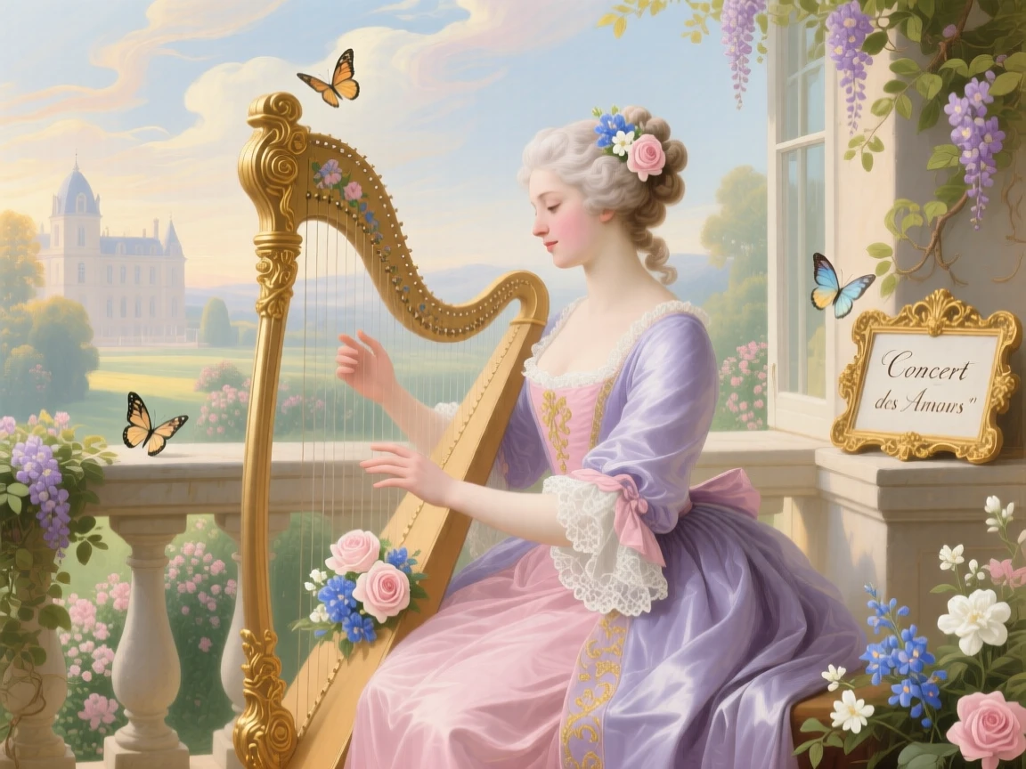 A court musician with a harp beside an open balcony  