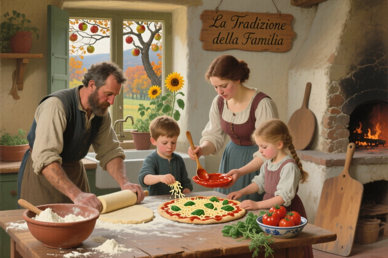 A family gathered in the kitchen making pizza from scratch together, as the changing season is reflected in the surrounding setting, offering a heartwarming glimpse into ordinary, meaningful moments