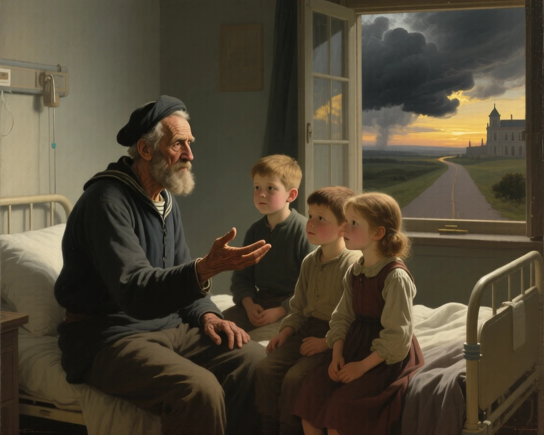 An old sailor recounting his final voyage to eager grandchildren in a gesture that speaks louder than words, set in a dimly lit hospital ward at the edge of dawn, with storm clouds parting just behind the embracing figures; converging paths in the background lead directly to the embracing pair, radiating hope restored after long hardship.