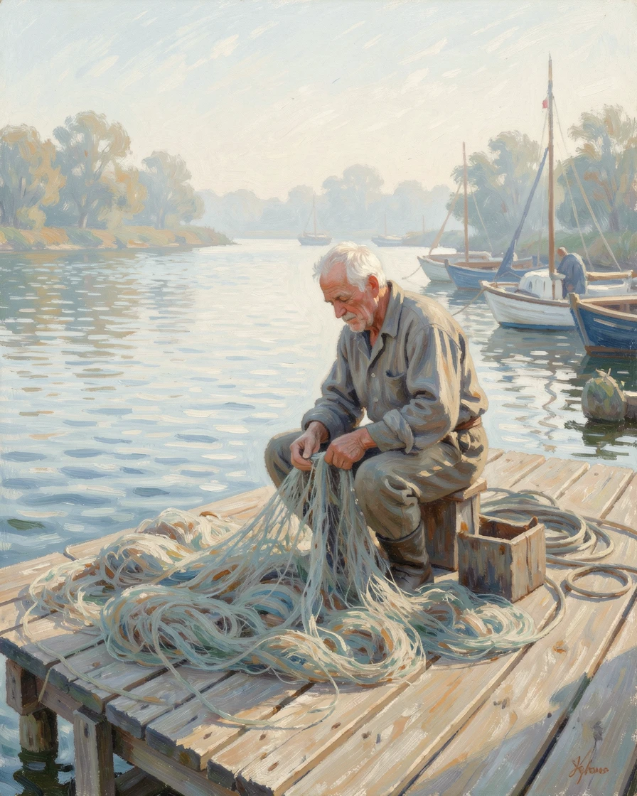 An elderly fisherman mending his nets on a weathered dock, deep lines of experience etched into his weathered face.