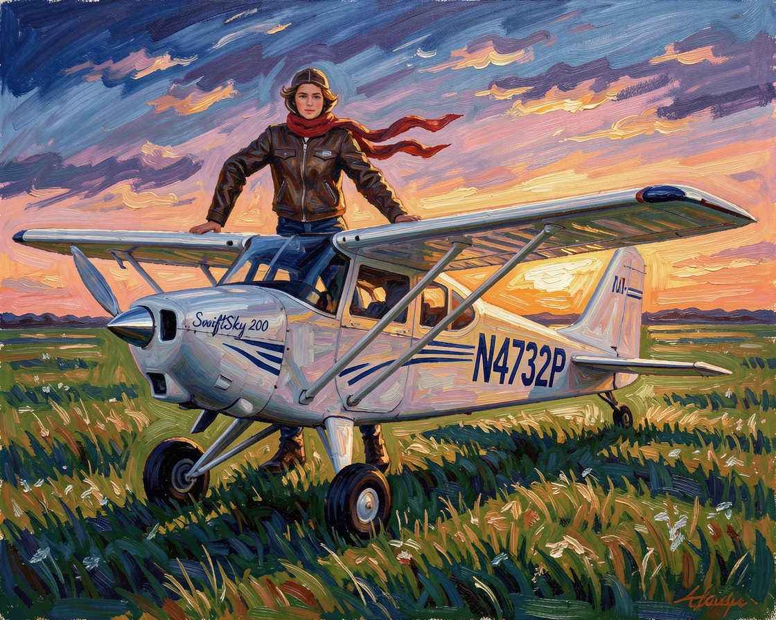 A proud young pilot standing before her small plane on a grassy airfield at dawn.