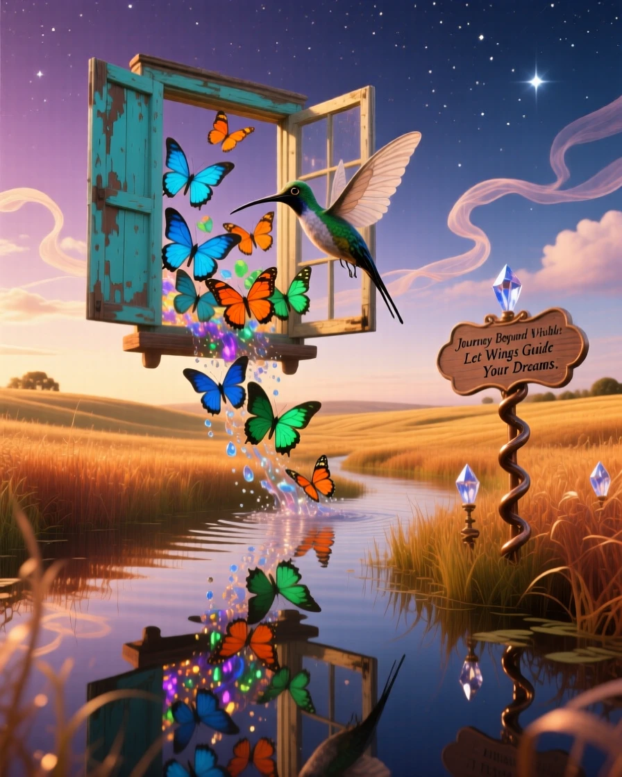 A swarm of butterflies pouring like a river from an open window wanders calmly through a field bathed in golden light, as its reflection shows a slightly different creature entirely.