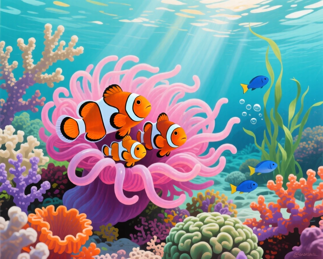 A clownfish family nestles safely within the swaying tentacles of a bright pink anemone, one peeking out curiously toward the viewer, the surrounding habitat rendered in enough detail to suggest a specific time and place.
