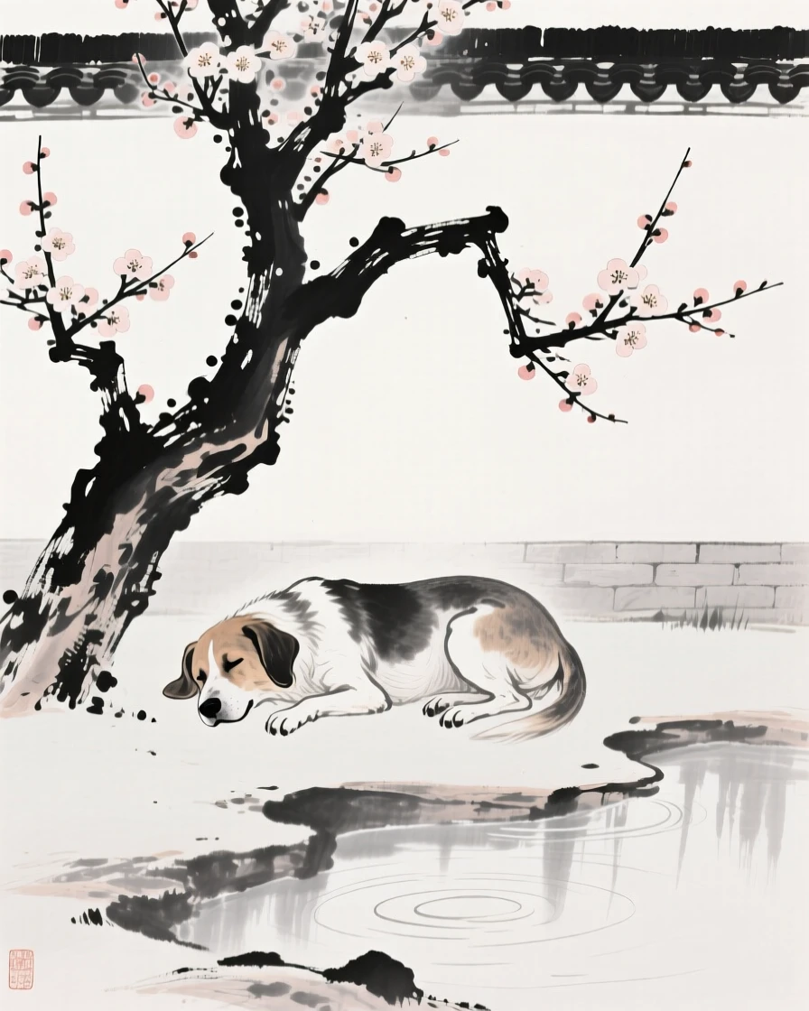An old dog lies peacefully beneath a blossoming tree, beside a small pond in a walled garden.