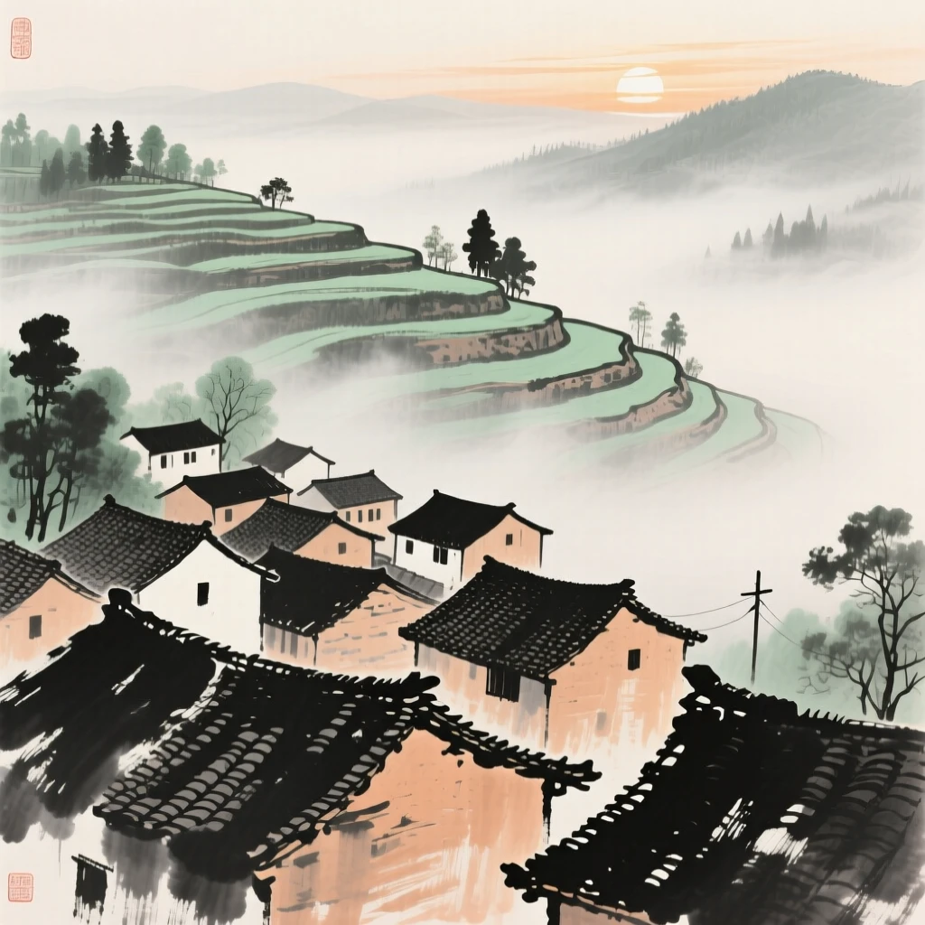 A terraced hillside village with tiled rooftops catching the light, touched with gentle melancholy, through swirling morning fog.