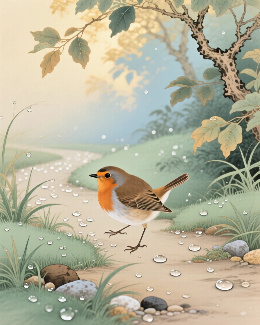 A robin hopping along a dew-covered garden path, soft morning light filtering through the branches