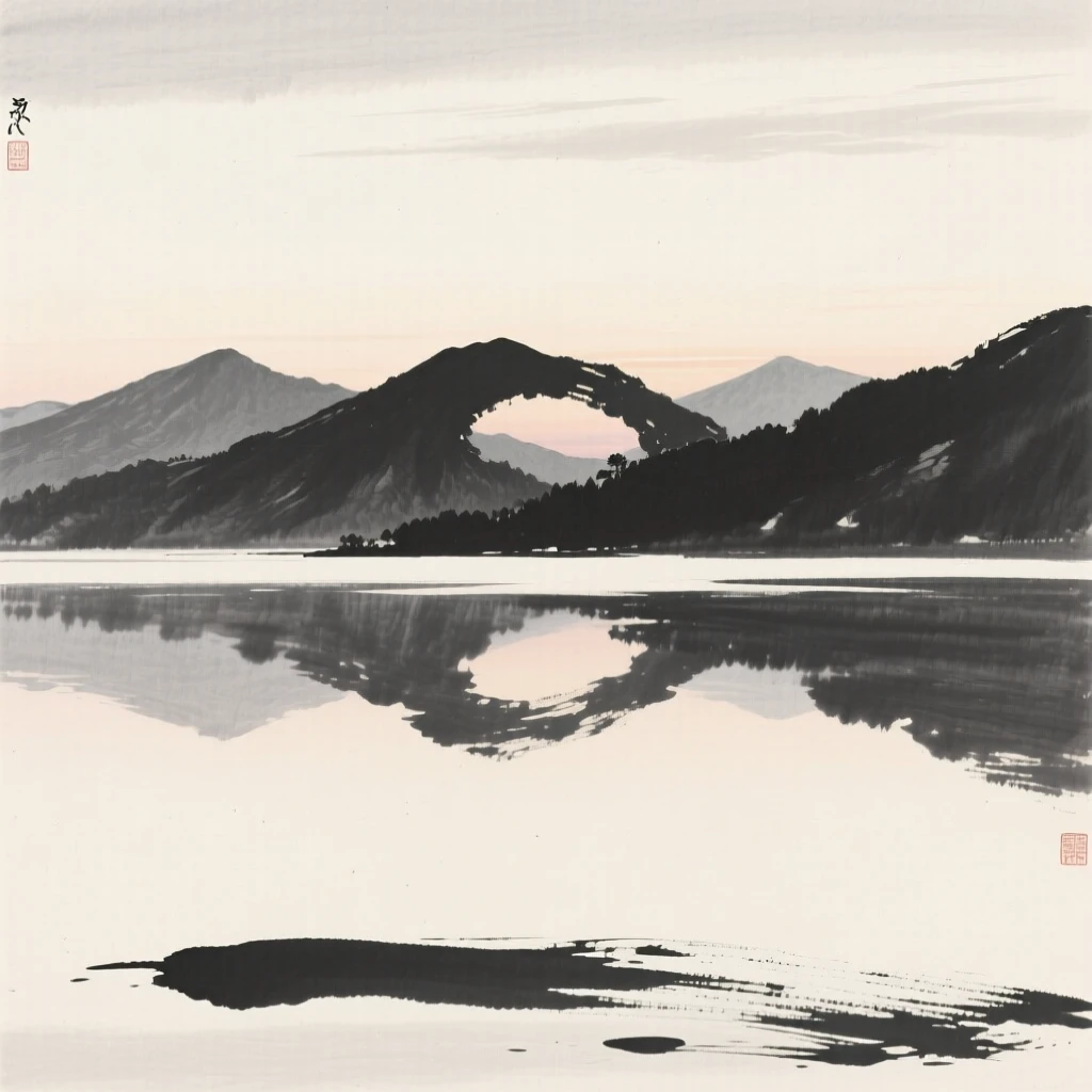 A quiet lake mirroring a ring of distant peaks at first light, when the world is still hushed and grey, composed with wide open space above to emphasize the scale of the sky, carrying a feeling of timeless peace and stillness.