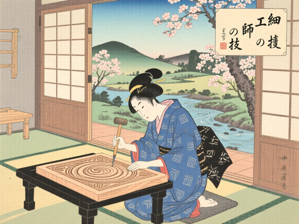 An embroiderer etching fine details into a wooden print block.