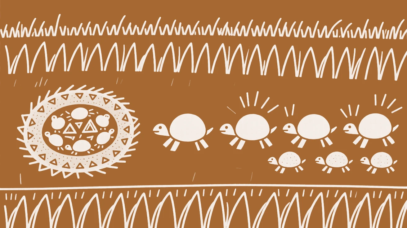 A nest of turtle hatchlings wandering across an open grassland.