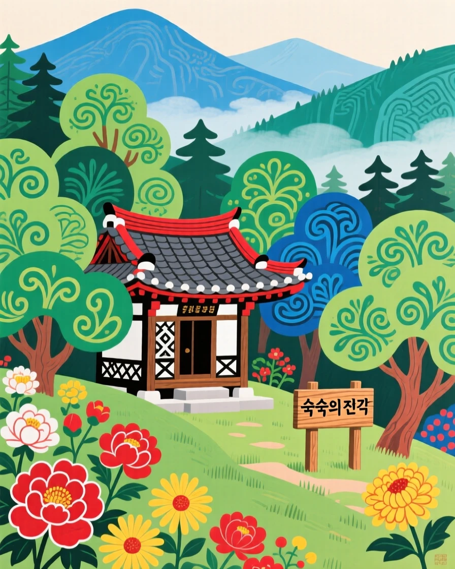 A shrine tucked into a forested hillside nestled among distant mountains.