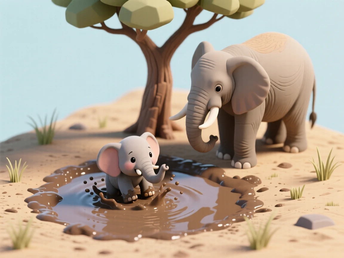 A curious baby elephant splashing playfully in a muddy watering hole, its mother watching nearby under the shade of an acacia tree.