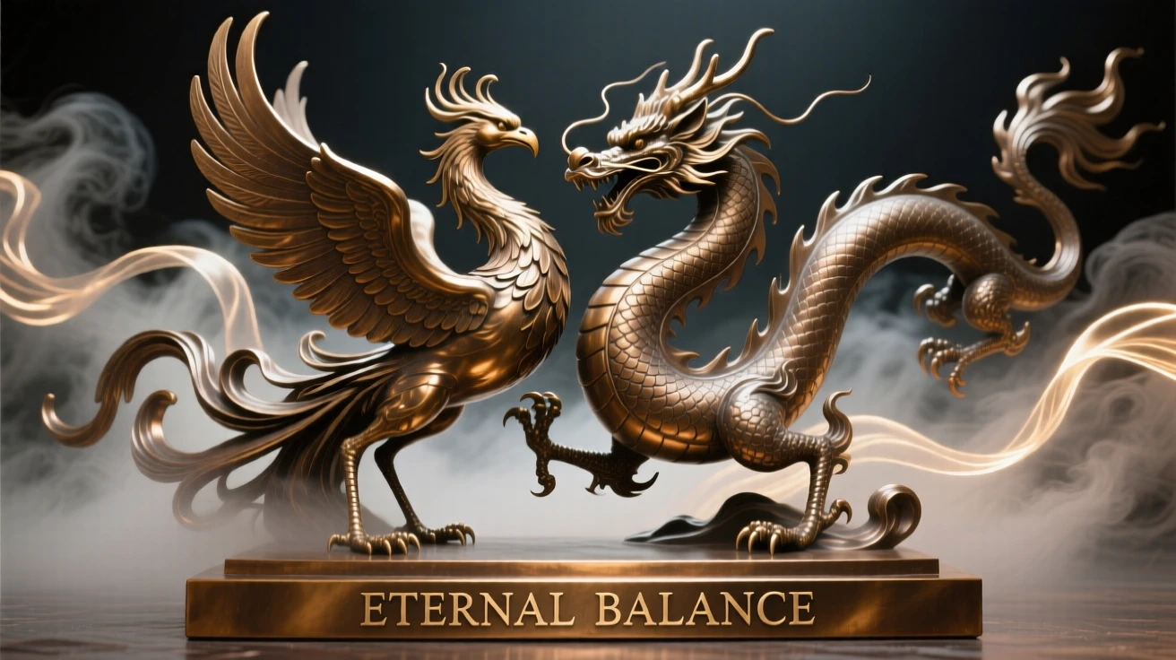 A phoenix and dragon locked in eternal balance, surrounded by swirling mist and light, radiating awe and grandeur