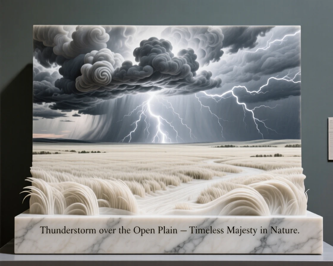 A breathtaking view of a thunderstorm rolling across an open plain, rich with color and atmosphere, evoking peace and wonder